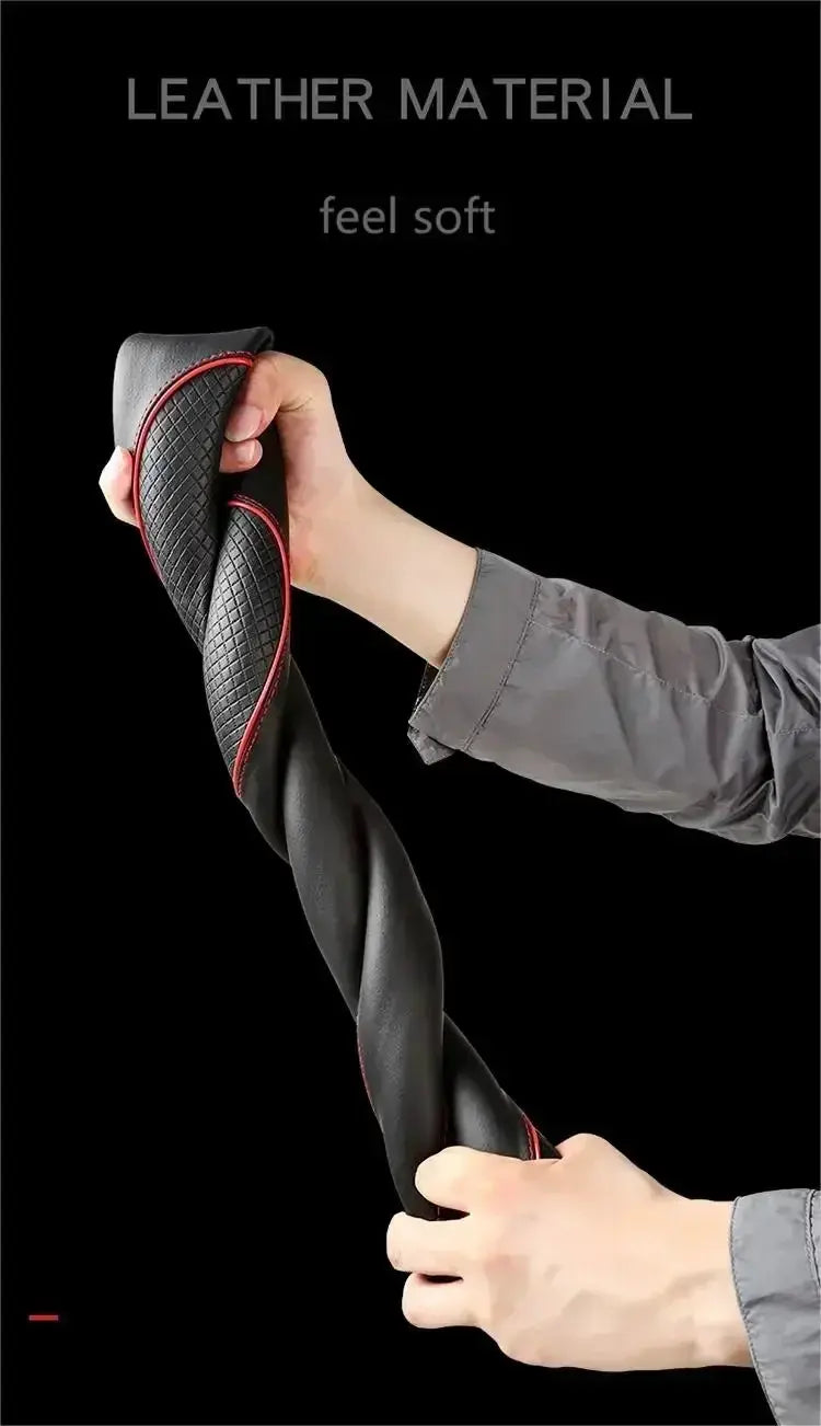 Car steering wheel cover by Simples Market; microfiber leather, black with red piping, 38cm, non-slip