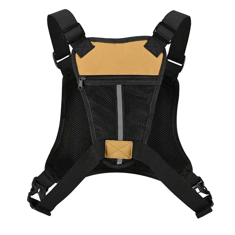 Outdoor Tactical Chest Bag by Simples Market, black mesh back with tan top panel and adjustable straps