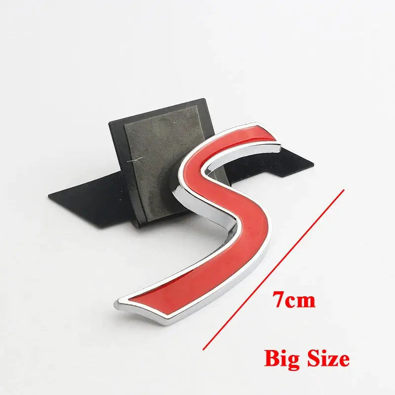 3D metal S emblem badge for car grille, red with chrome edge, 7cm, Simples Market