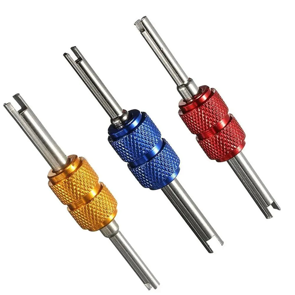 Simples Market tire valve core remover screwdrivers set, 3 knurled metal tools in yellow, blue, red