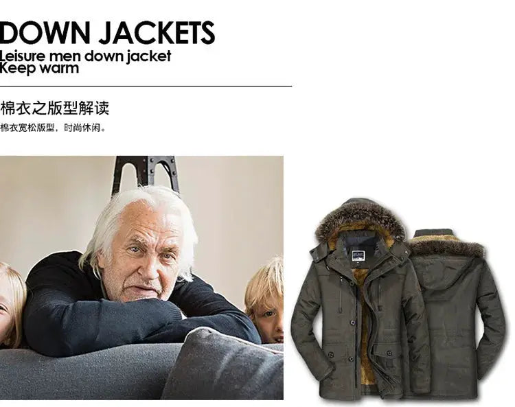 Simples Market men's hooded down jacket with fur collar; olive parka style, front and back views