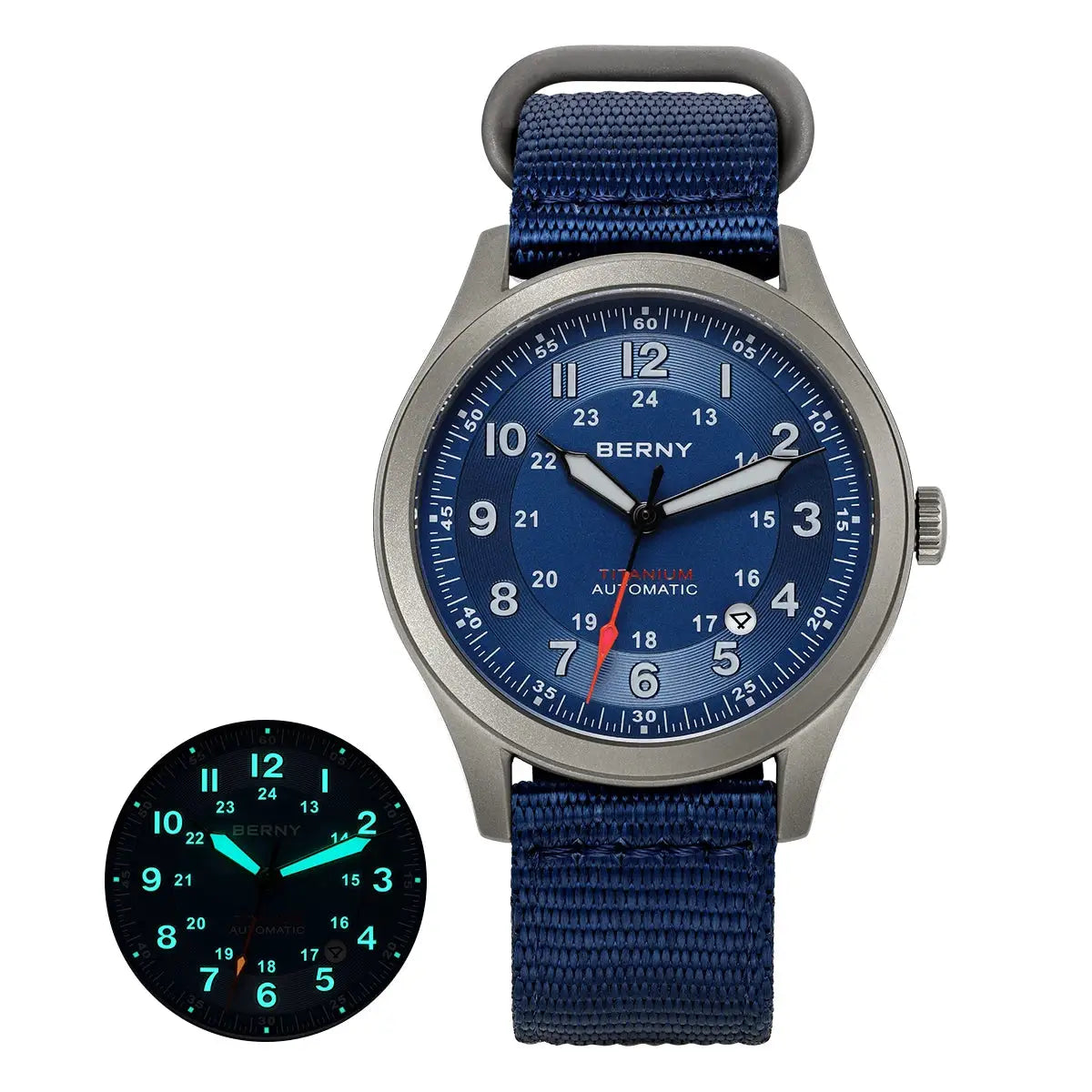BERNY titanium automatic men's watch with blue dial, titanium case, navy nylon strap, date window, luminous hands