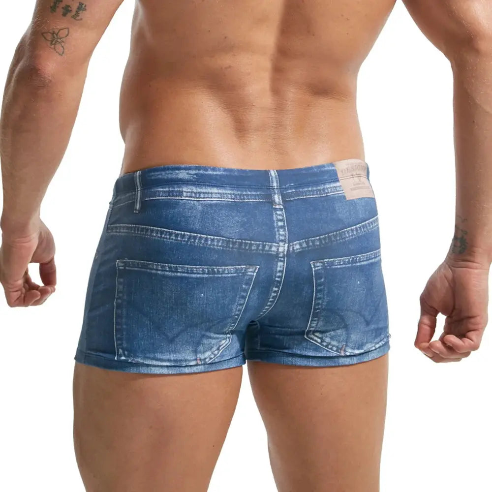 Men's denim-printed swim trunks, 2XL by Simples Market, back view with rear pockets