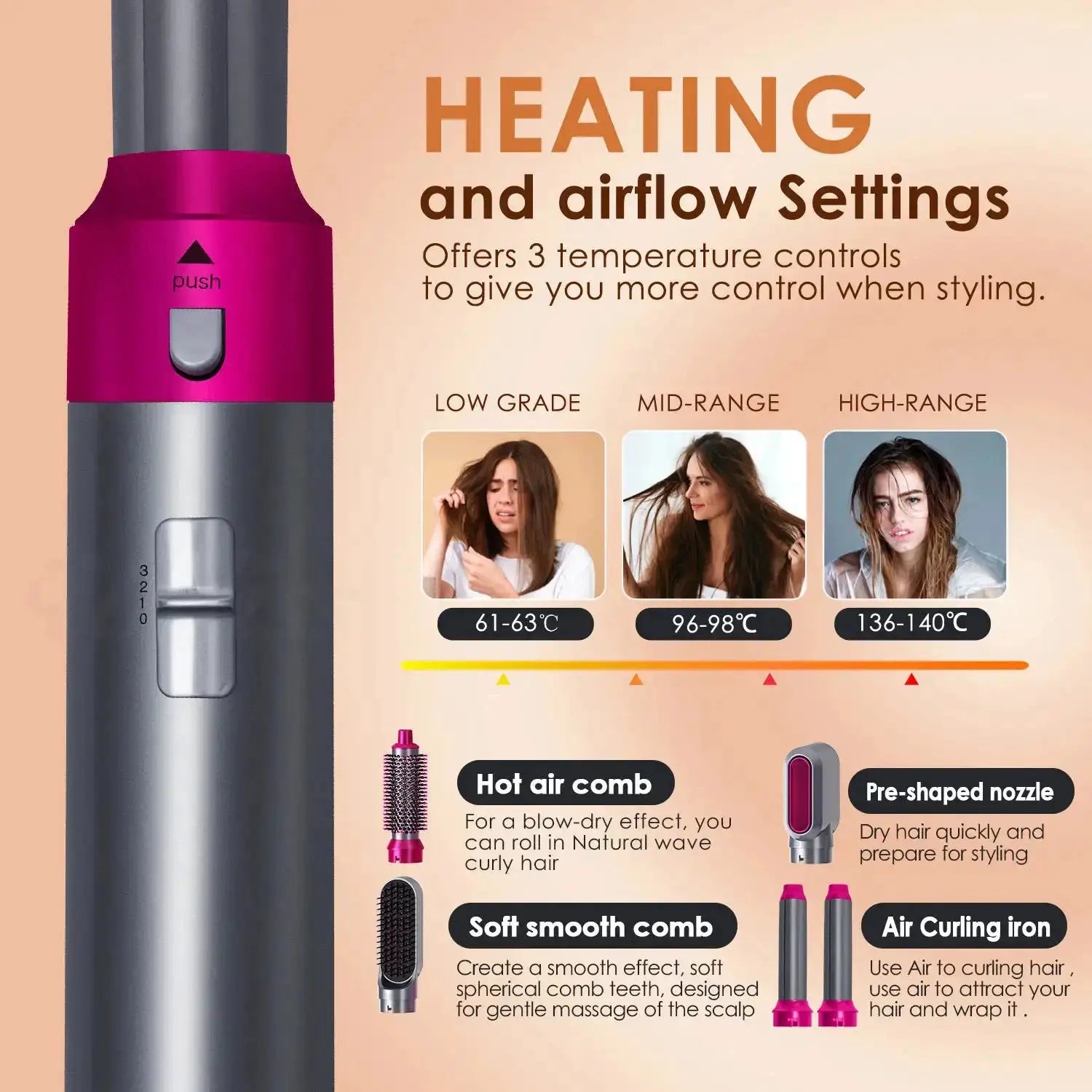 Hair Dryer 5-In-1 Electric Hair Comb by Simples Market, pink body with removable brush kit and attachments.
