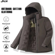 JNLN unisex waterproof fleece jacket, brown windproof raincoat with hood for hiking and camping