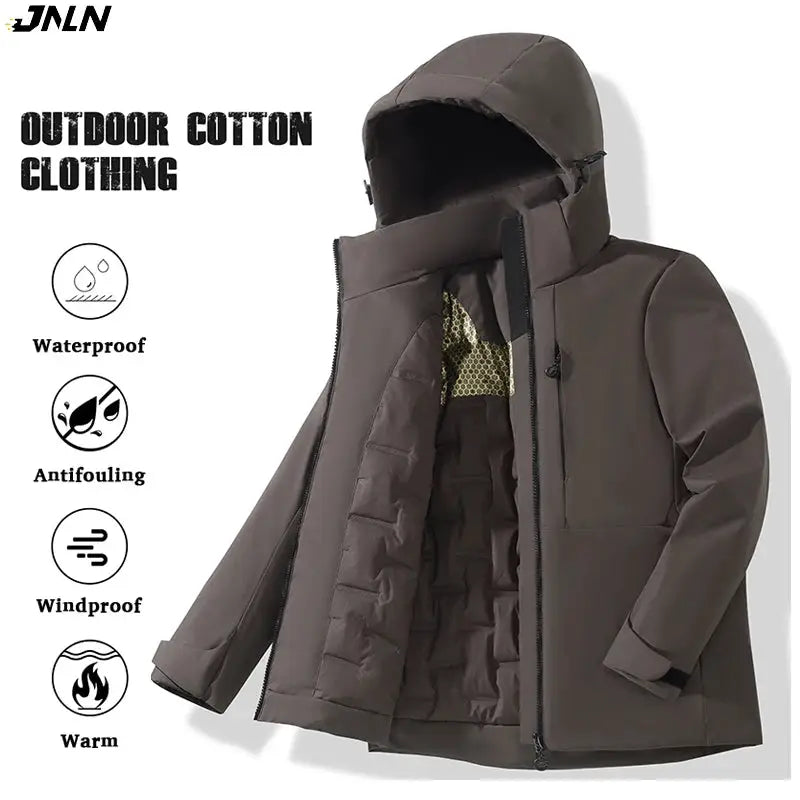 JNLN unisex waterproof fleece jacket, brown windproof raincoat with hood for hiking and camping