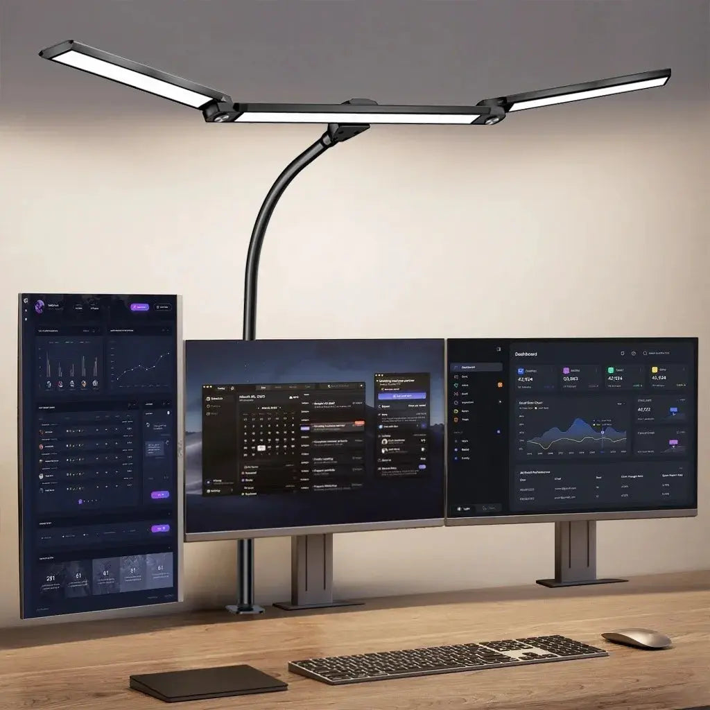 Eye-care LED clip-on desk lamp in black metal with flexible gooseneck and rotating head for home, reading, and PC gaming