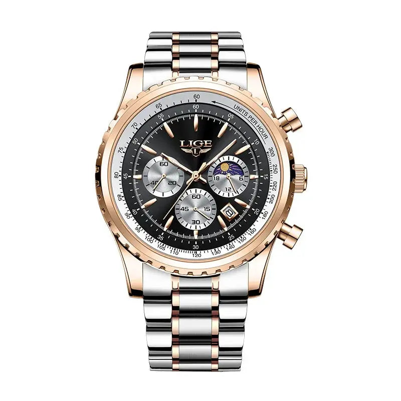 LIGE men's two-tone stainless steel chronograph watch with black dial, rose-gold bezel, three subdials, date window