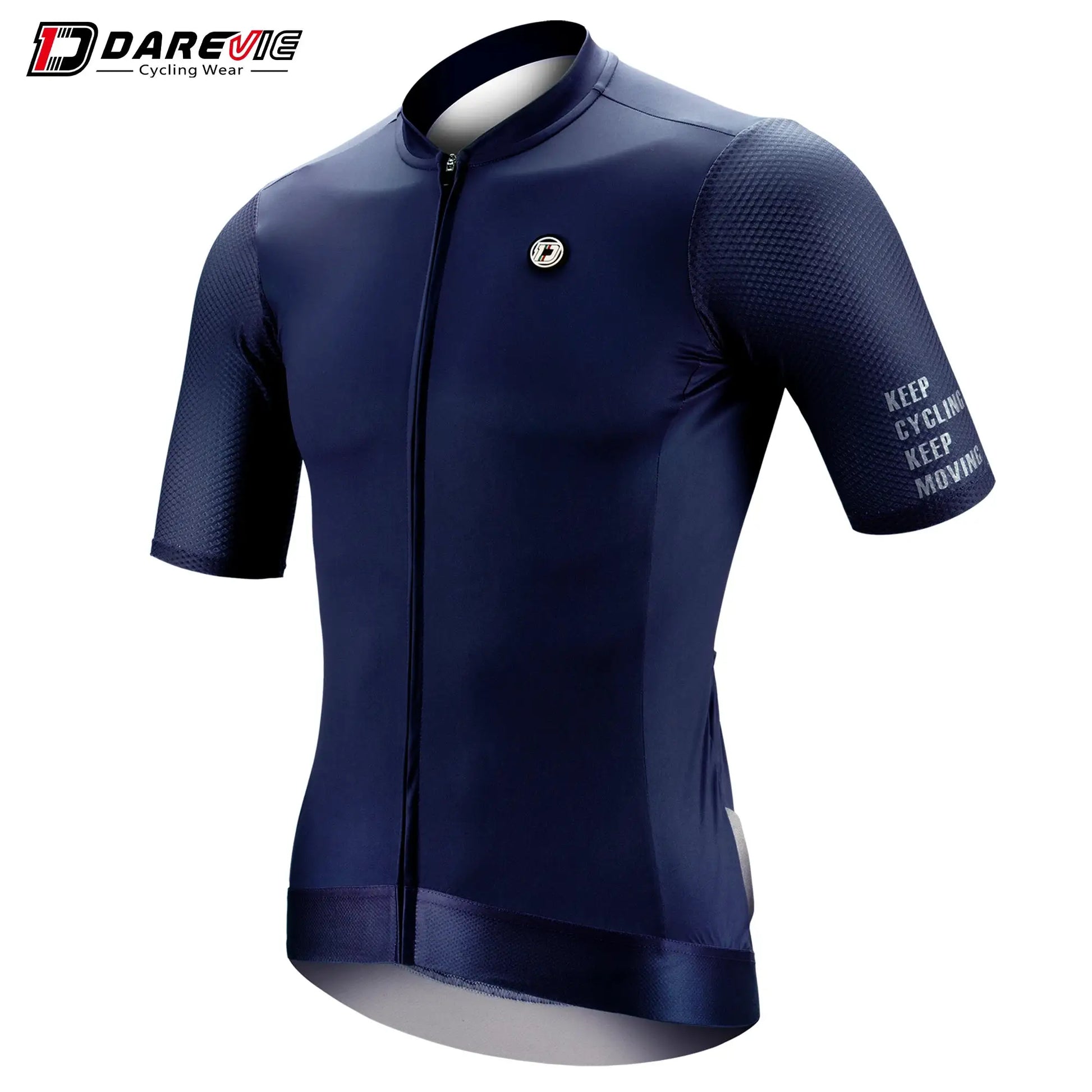 DAREVIE cycling jersey navy blue, short sleeves with textured panels and front logo badge
