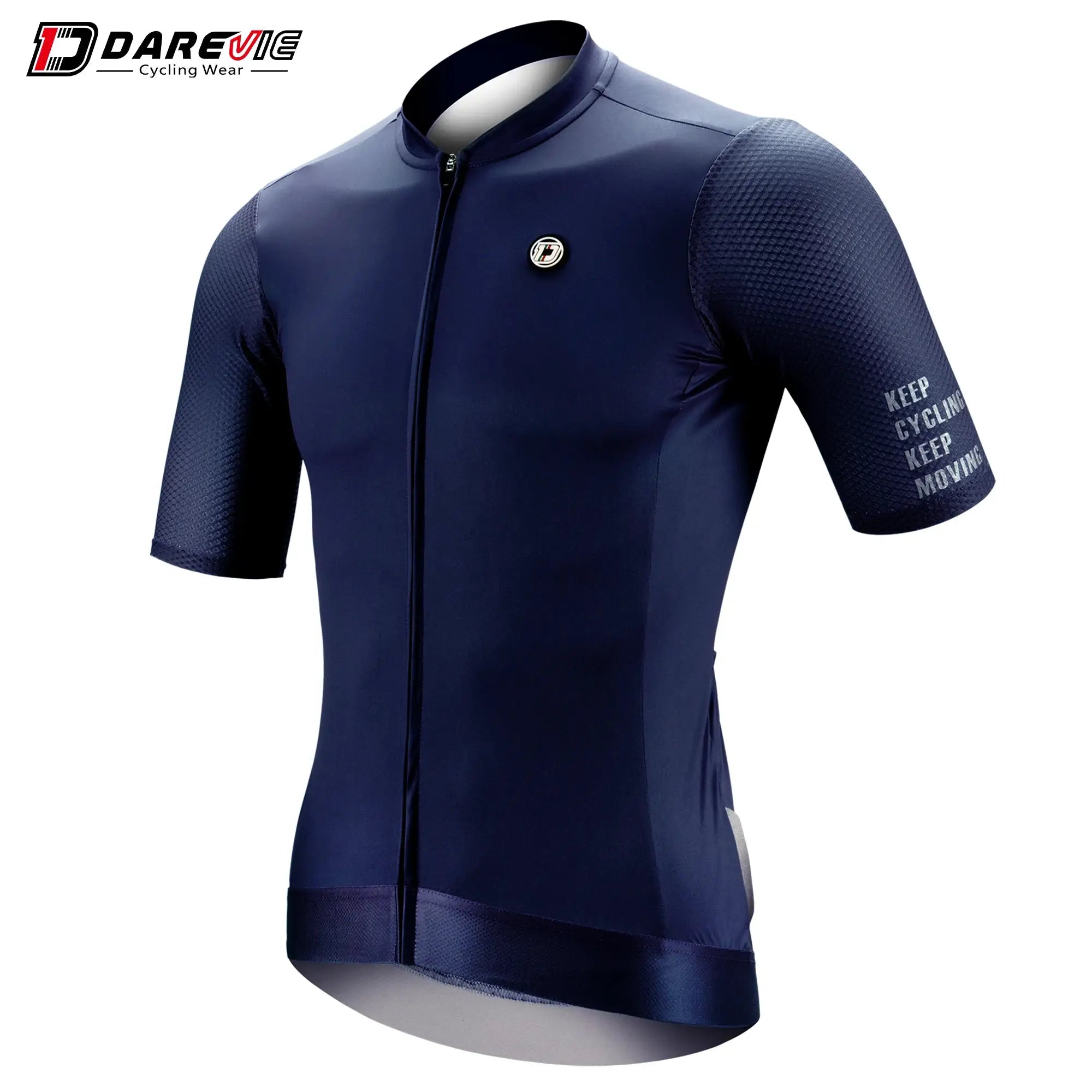 DAREVIE cycling jersey navy blue, short sleeves with textured panels and front logo badge