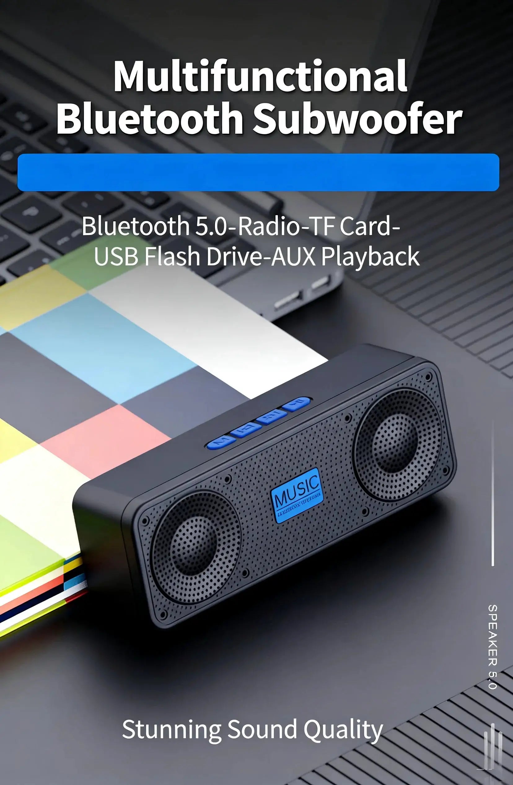 Simples Market S18 wireless Bluetooth speaker; portable black subwoofer with blue control buttons
