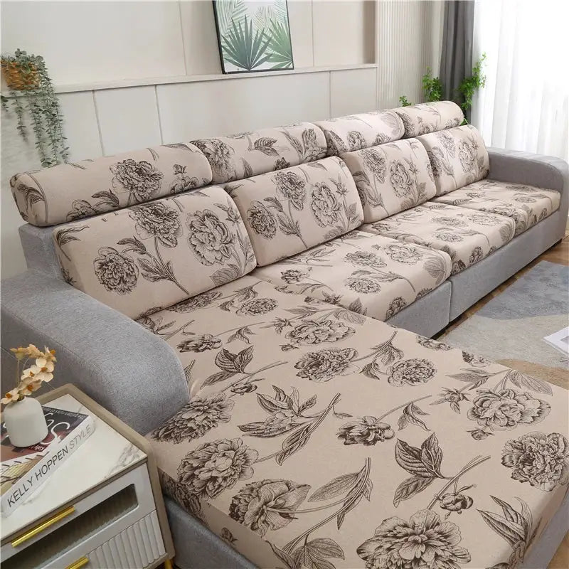 Floral print stretch sofa slipcovers for L-shaped couch; beige with dark brown flowers