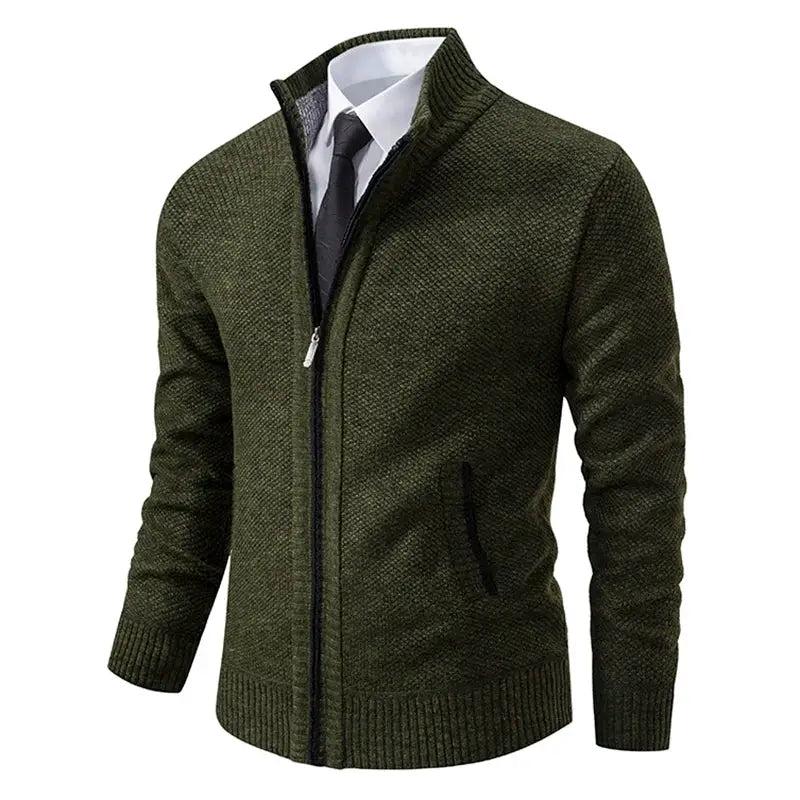 Mens Autumn Winter Solid Color Casual Sports Coat Stand Collar Fleece Lined Zipper Cardigan Warm