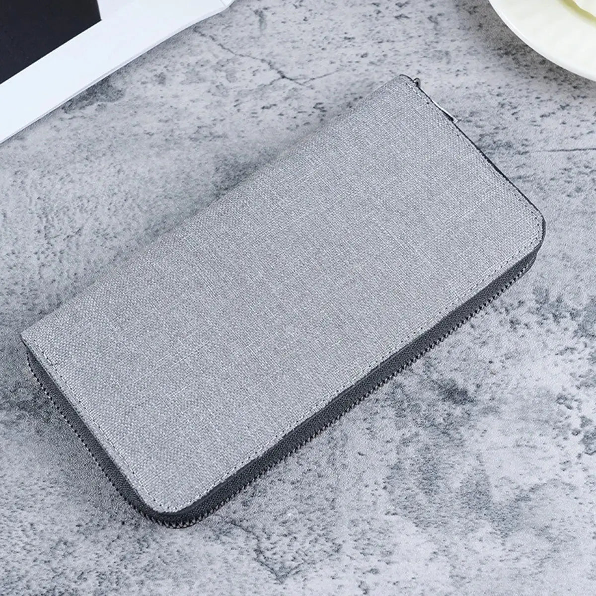 Men's long canvas zippered wallet in gray with large capacity and multiple card slots