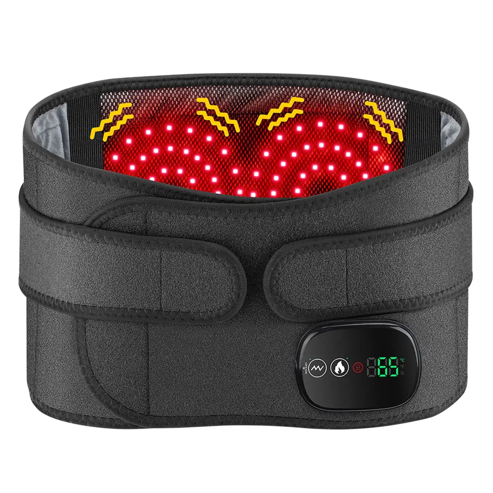 Simples Market electric heating waist massager belt with red LED heat, black neoprene, 3-gear adjustment.