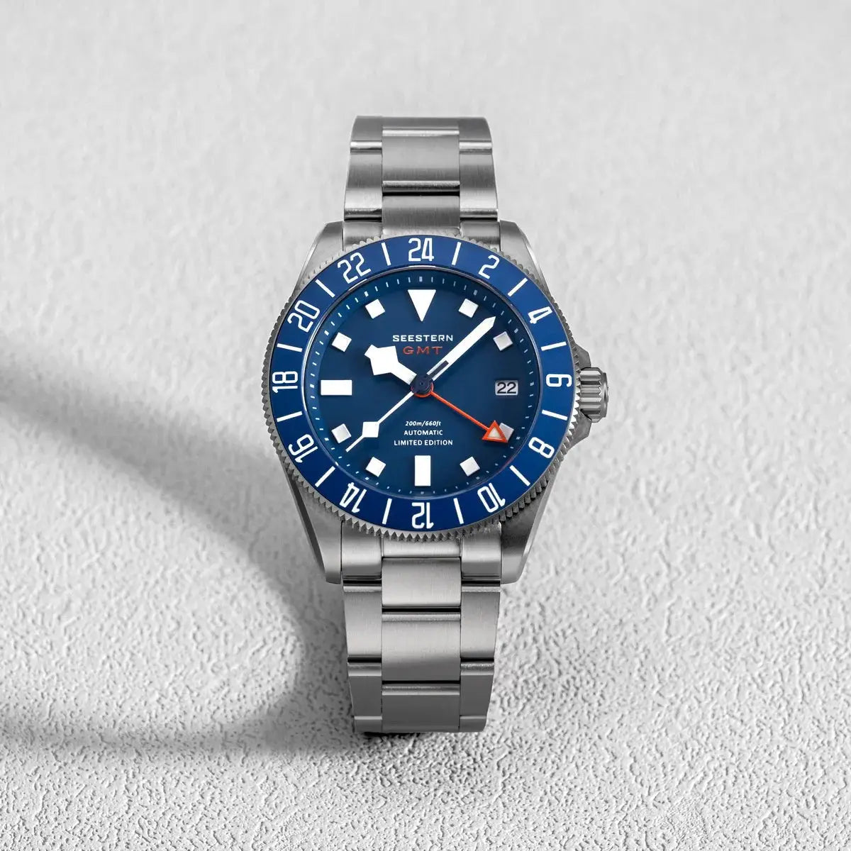 Seestern GMT diver watch with blue dial and blue bezel on stainless steel bracelet