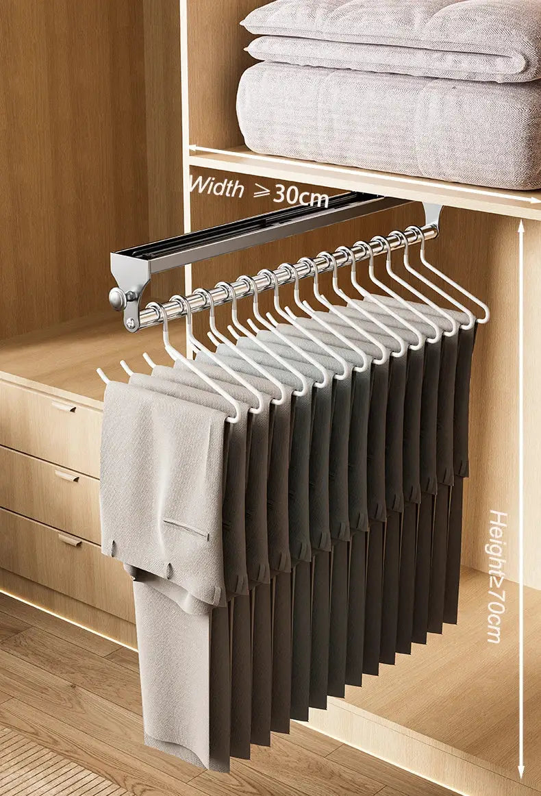Simples Market pull-out trouser hangers wardrobe organizer with chrome rail and white hangers, space-saving storage