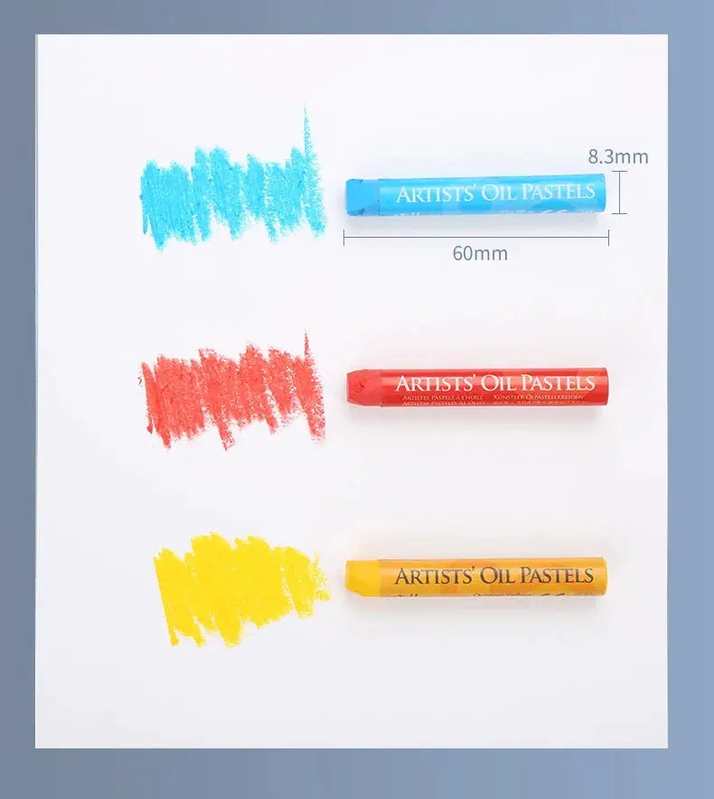 Artists' Oil Pastels set: three sticks in blue, red, and yellow; 60mm long, round, non-toxic.