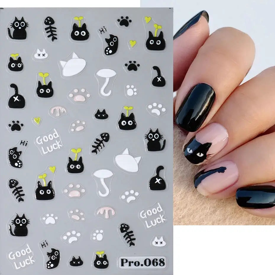 2pc black cat nail stickers by Simples Market; 3D self-adhesive nail decals with black cats and paw prints