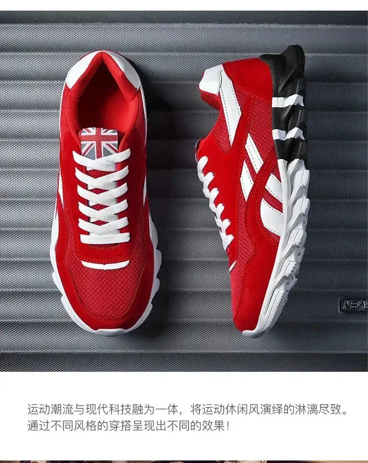 Two red men's fitness sneakers with white laces, breathable mesh upper, and thick cushioned white sole