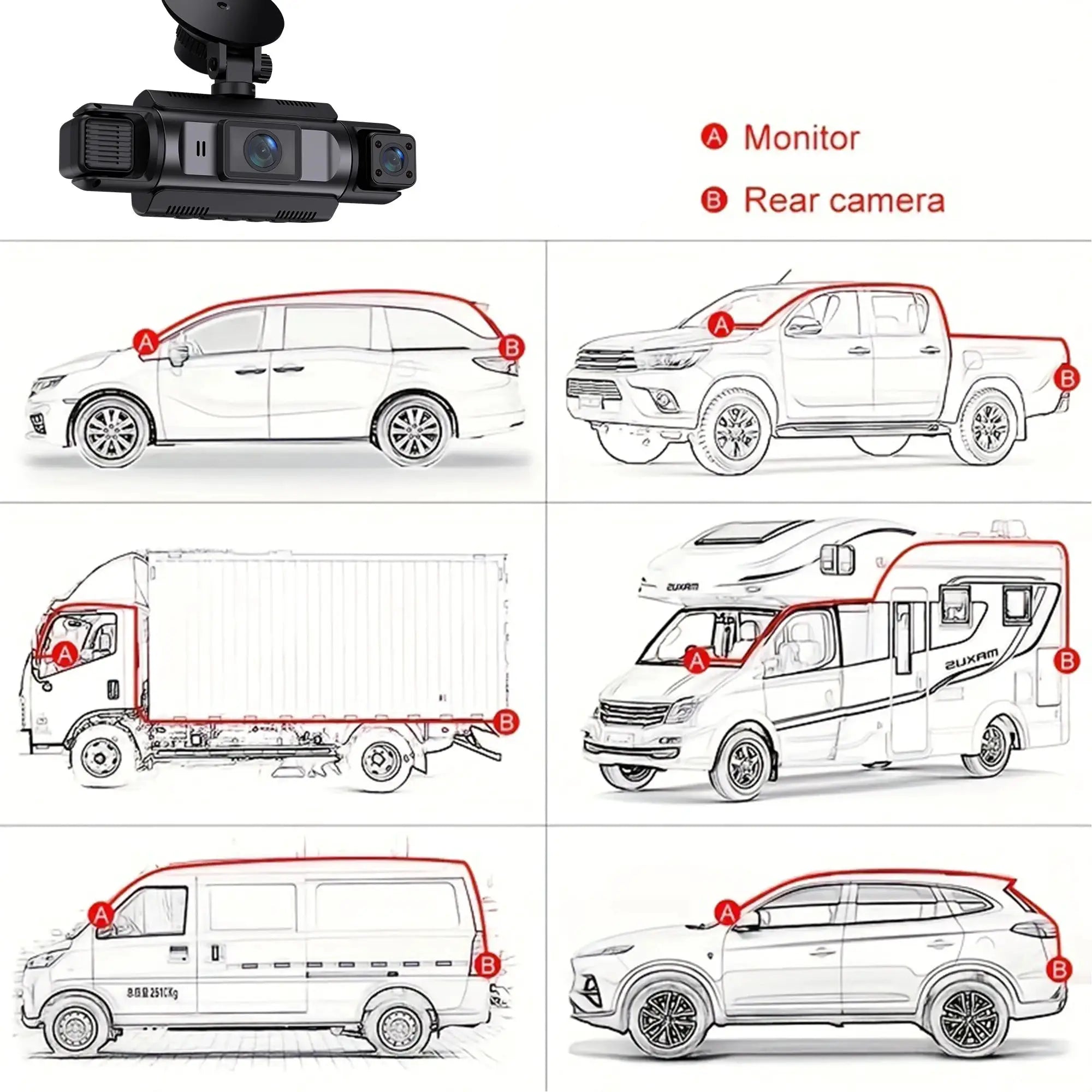 Simples Market 4-channel WiFi dashcam with front, rear, left and right cameras, night vision, FHD 1080p