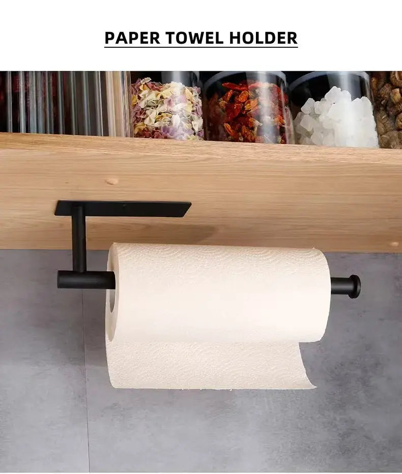 Paper towel holder by Simples Market; black wall-mounted under-shelf dispenser with white paper towel roll
