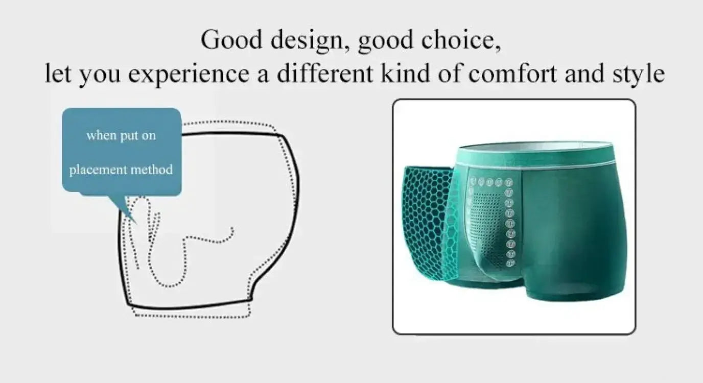 Men's boxer shorts by Simples Market, teal mid-waist underpants with breathable mesh panels.
