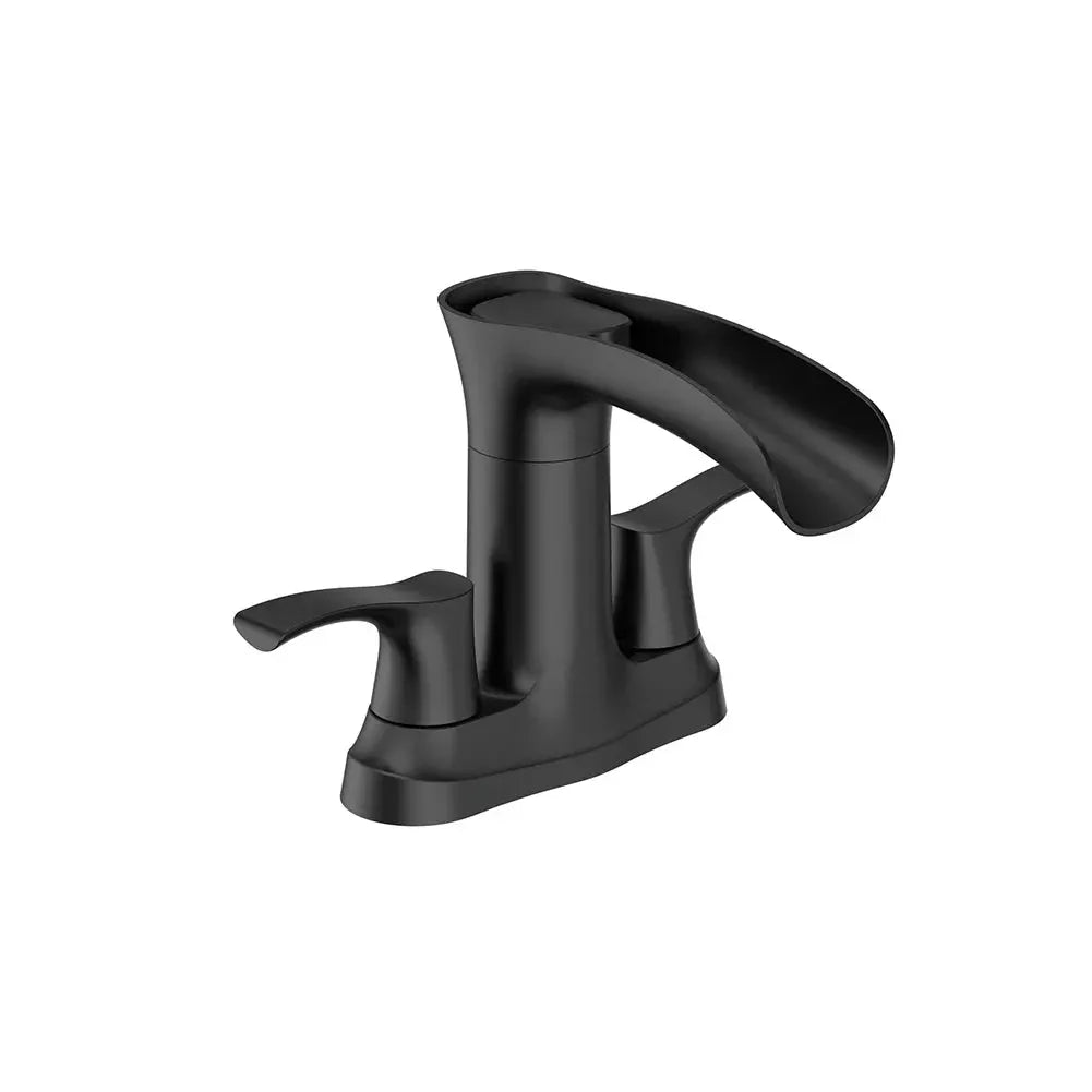 Modern waterfall bathroom faucet with brushed nickel finish, 4-inch centerset, dual handles, deck-mount, base plate included