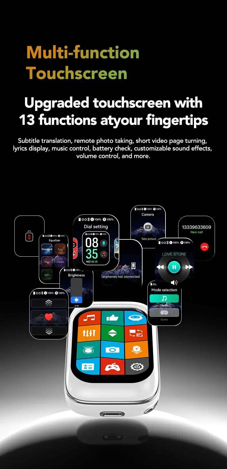 HTC NE48 TWS wireless earbuds by Simples Market with white design and AI translation touchscreen UI