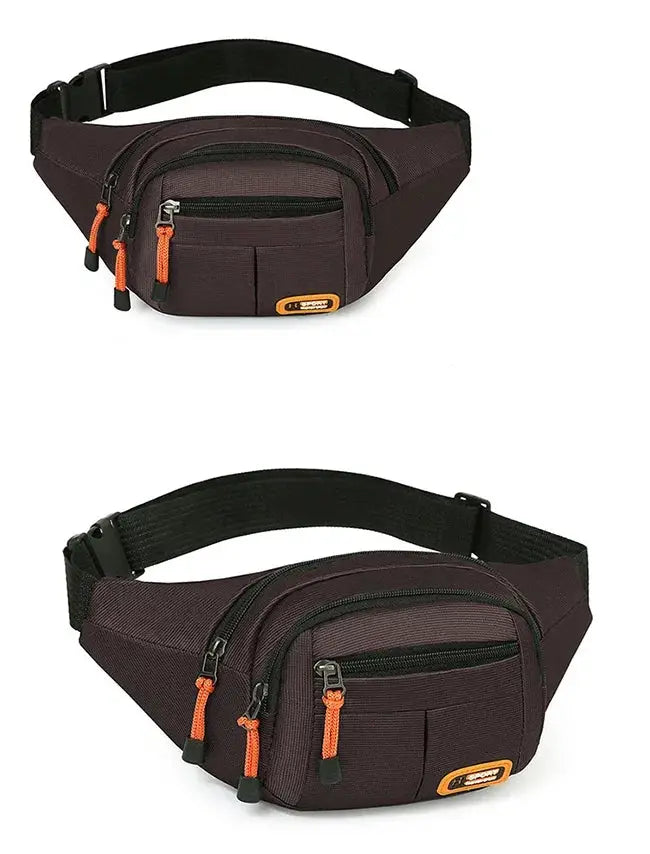 Simples Market Oxford waterproof waist bag, dark purple fanny pack with multiple front pockets and orange zipper pulls.