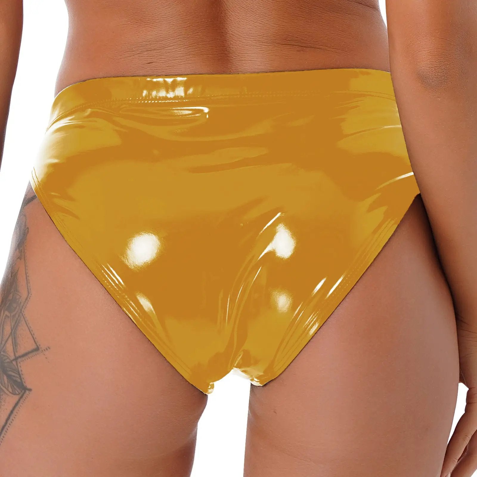 Womens wet-look patent leather briefs in yellow; low-rise hot pants style