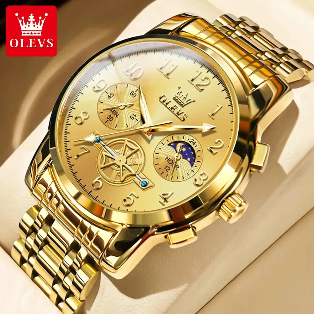 Moon phase watch, OLEVS gold-toned stainless steel men's chronograph wristwatch