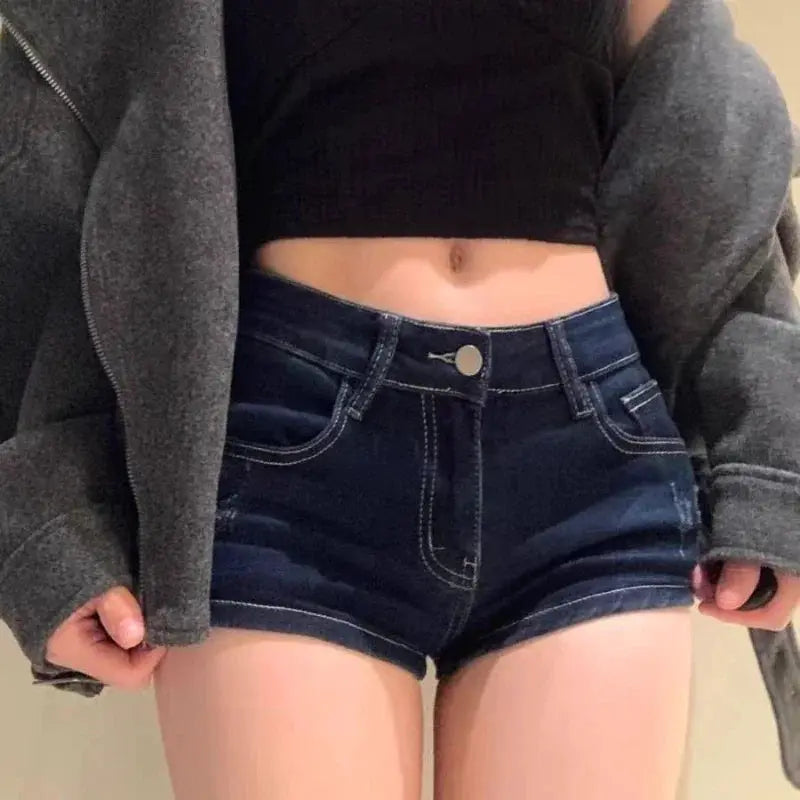 Casual women's denim shorts in dark indigo, high-rise slim fit with contrast stitching