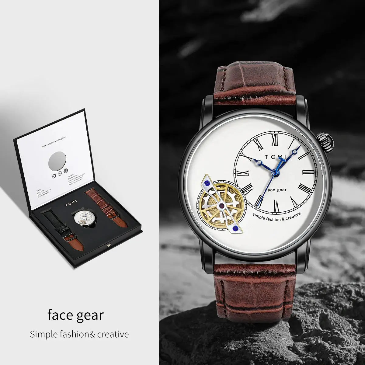 TOMI gift-set men's quartz watch in a black box with brown and black leather straps