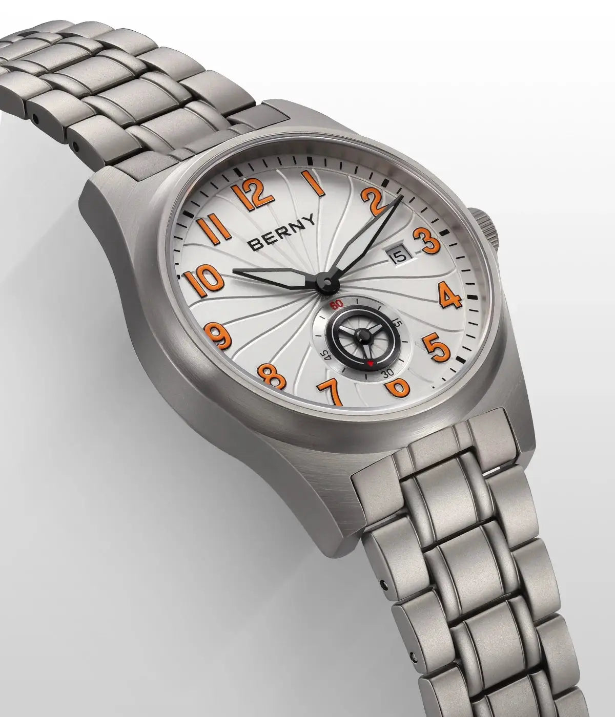 BERNY full titanium automatic men's watch with white dial, orange Arabic numerals, date window, and metal bracelet