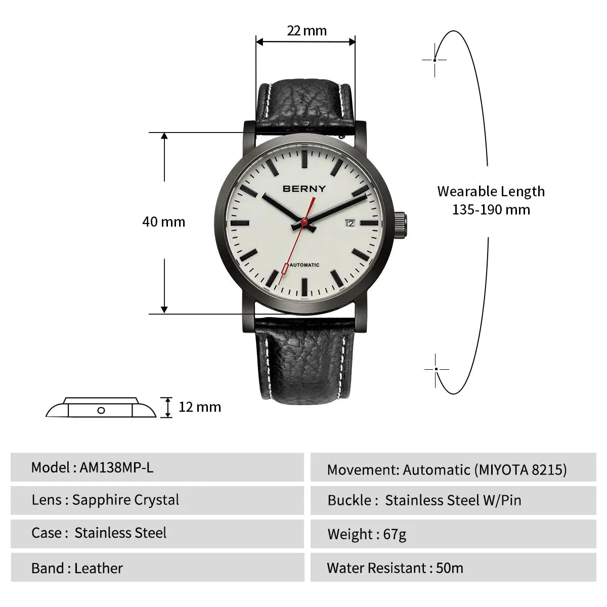 BERNY men's automatic watch with white dial and black leather strap