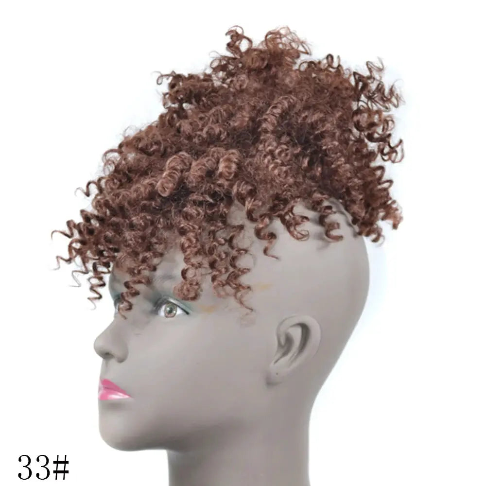Simples Market Afro Puff Updo drawstring ponytail with bangs wig in copper brown kinky-curly synthetic hair