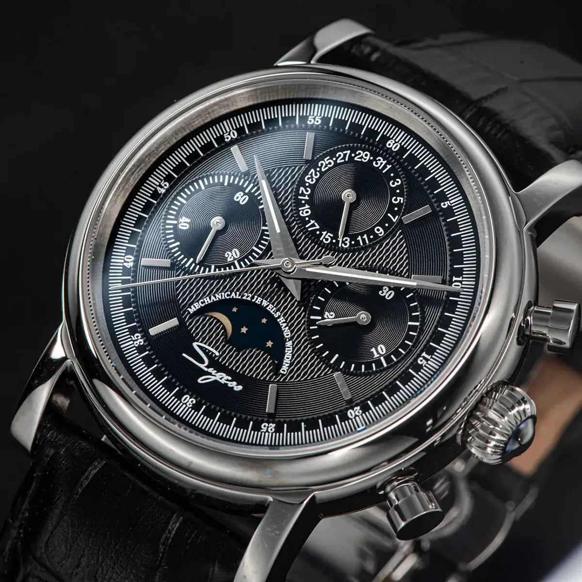 Sugess ST1908 men's wristwatch with blue dial, moonphase calendar, stainless steel case and black leather strap