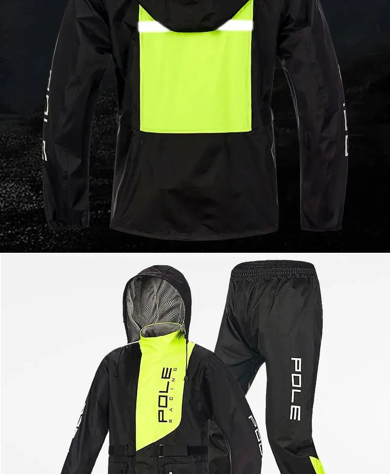 POLE motorcycle raincoat set with neon yellow reflective panel, breathable waterproof jacket and pants
