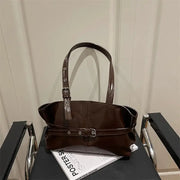 Belt-buckle handbag in brown soft leather with double top handles, casual underarm shoulder bag