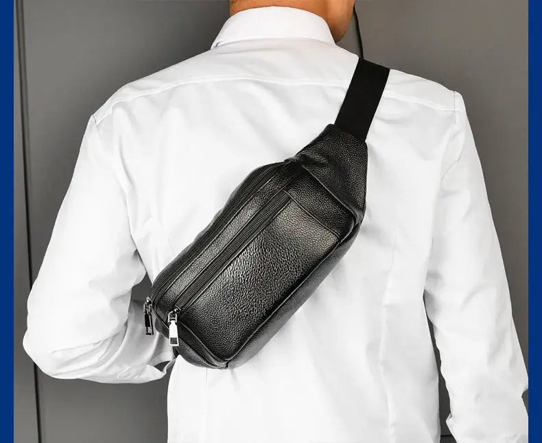 Men's genuine leather chest bag by Simples Market, black crossbody with multiple pockets and sturdy strap