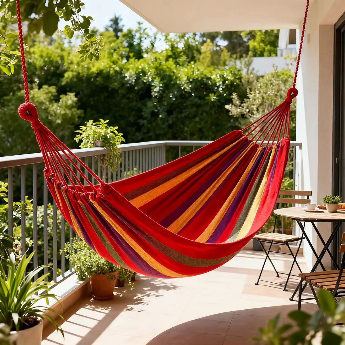 Double hammock for 2 with red and multicolor striped canvas cotton, suspended by red ropes.