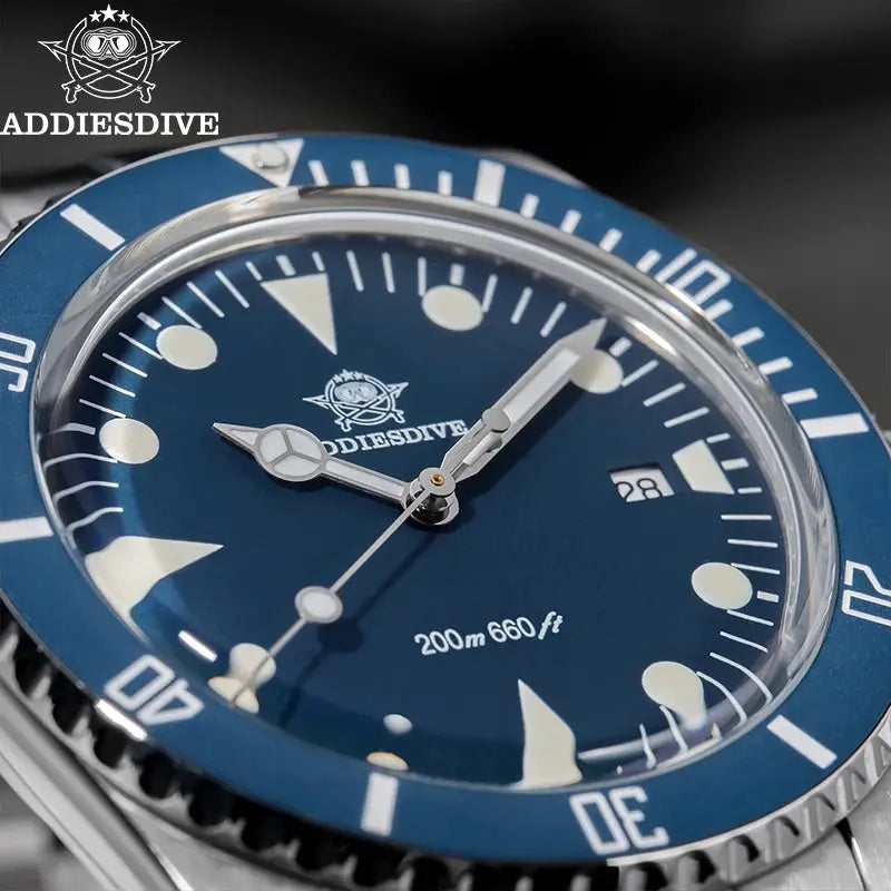 ADDIESDIVE luxury blue ceramic-bezel analog diver's watch with mirror glass, 200m water resistance