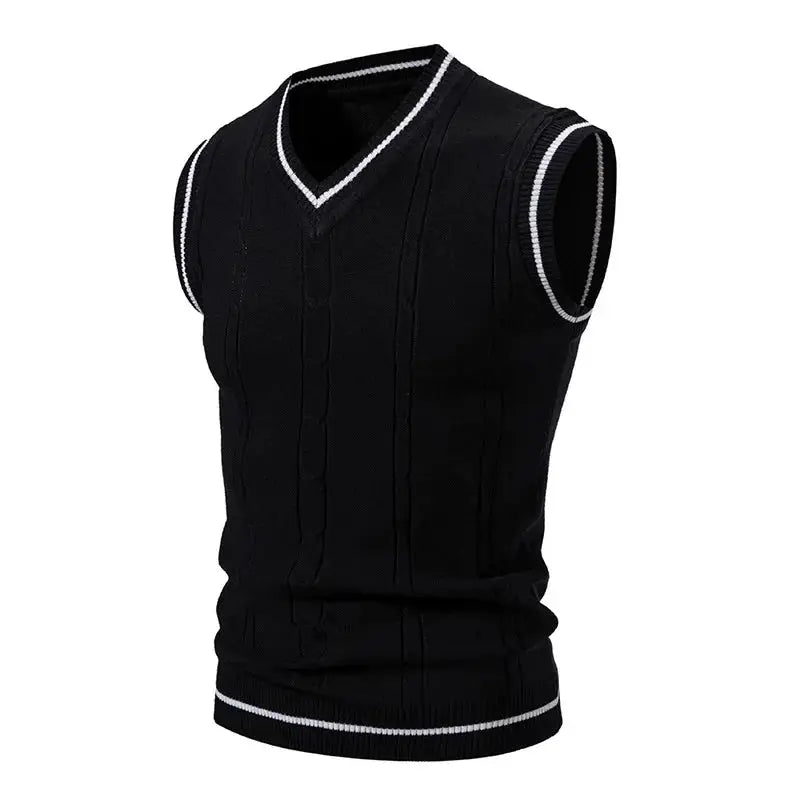 Simples Market men's black knit sleeveless V-neck vest with white stripe trim, slim fit pullover.