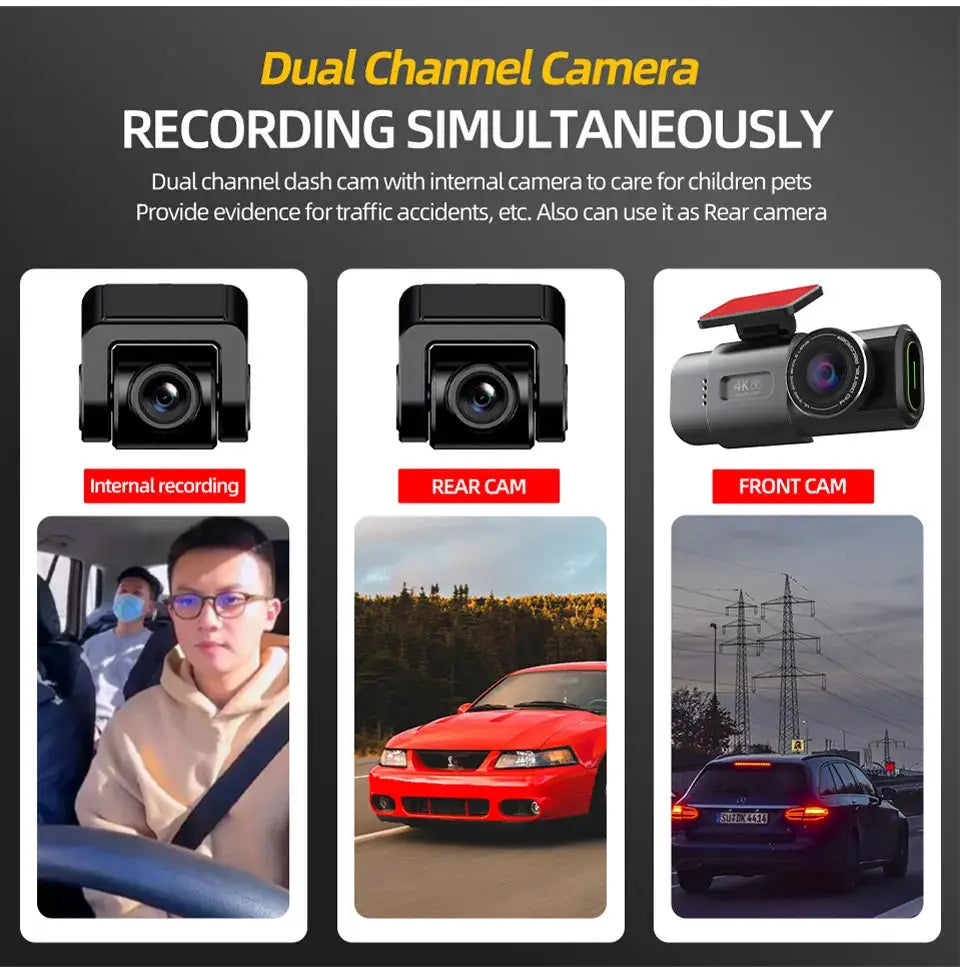Dash cam 4K dual-channel with front and rear cameras and internal recording; GPS and WiFi, black