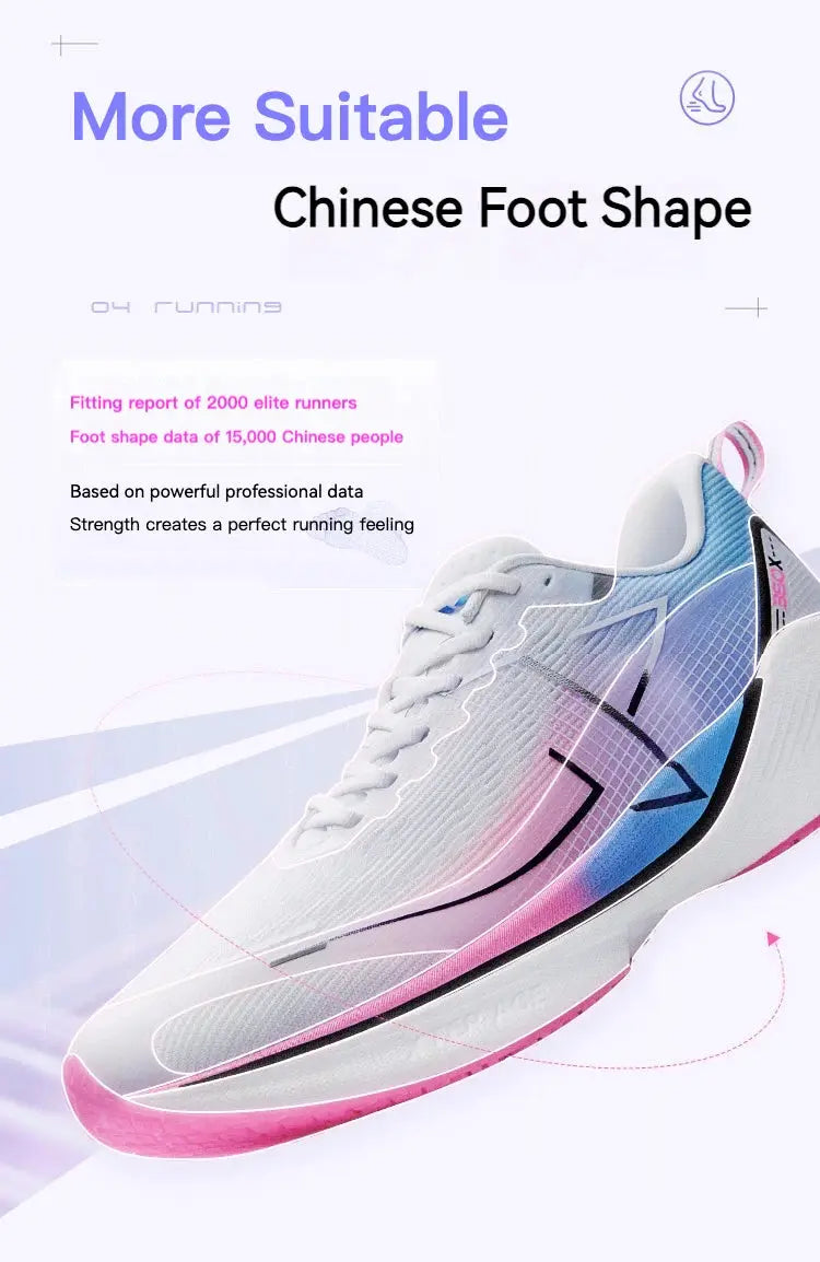Xtep 360X men's running shoes in white with pink outsole and blue gradient accents, lightweight sporty sneakers.