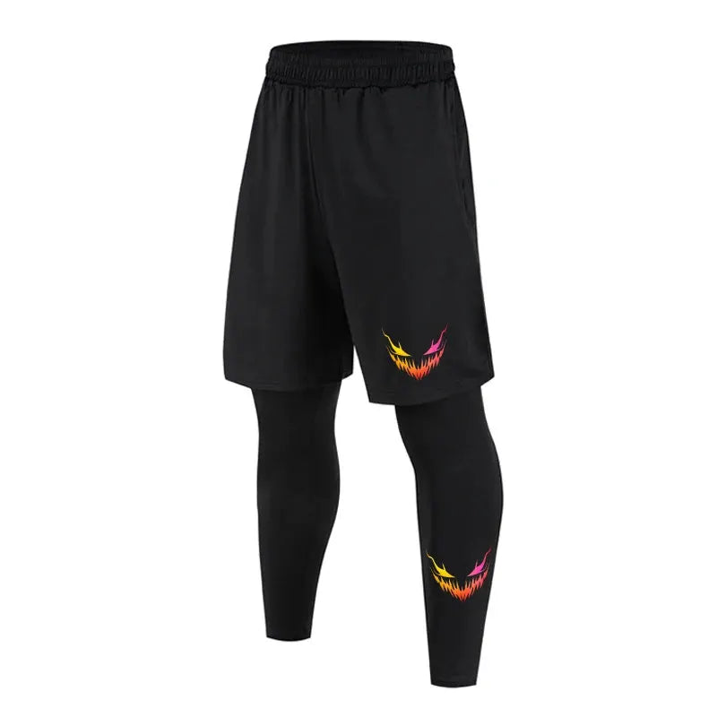 Men's 2-in-1 black compression sport pants with outer shorts and inner leggings, quick-dry training athletic trousers.