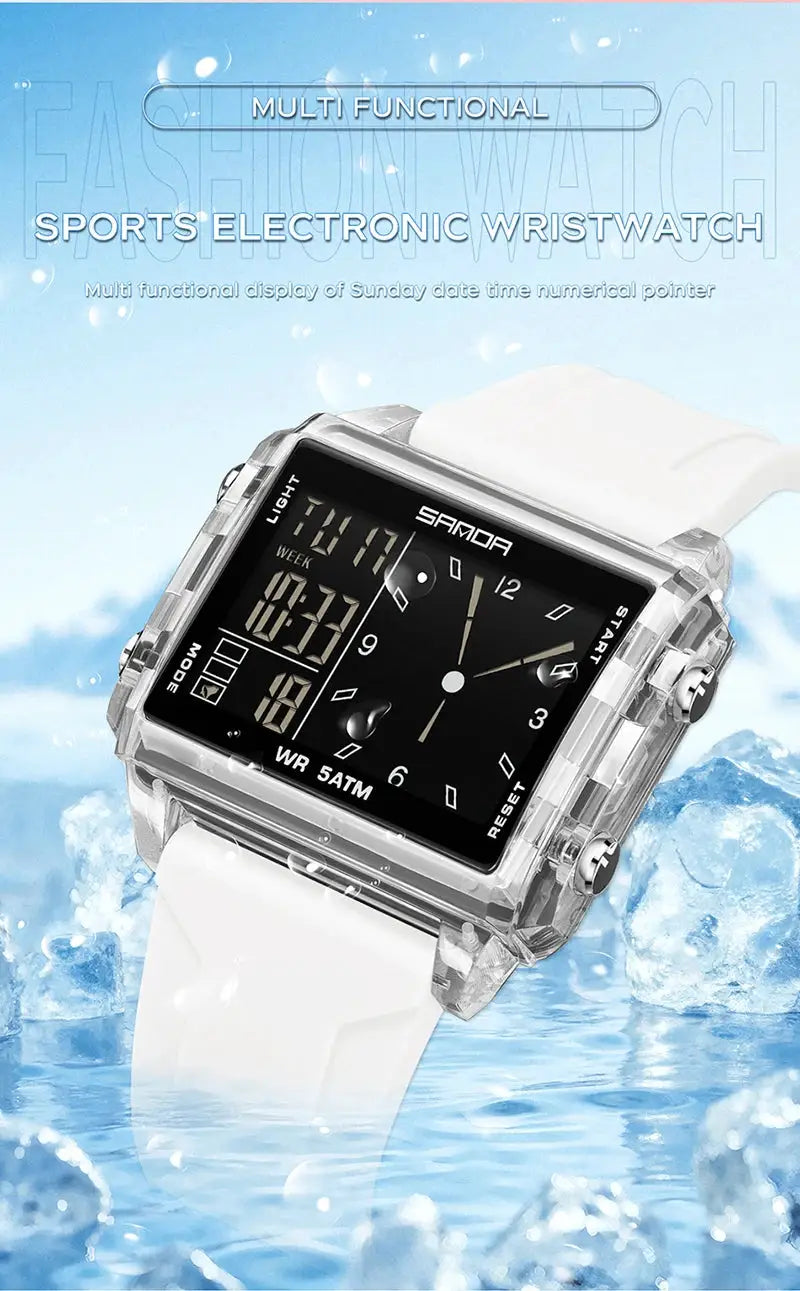 Samoa square dual-time wristwatch with transparent case and white strap; digital-analog display.