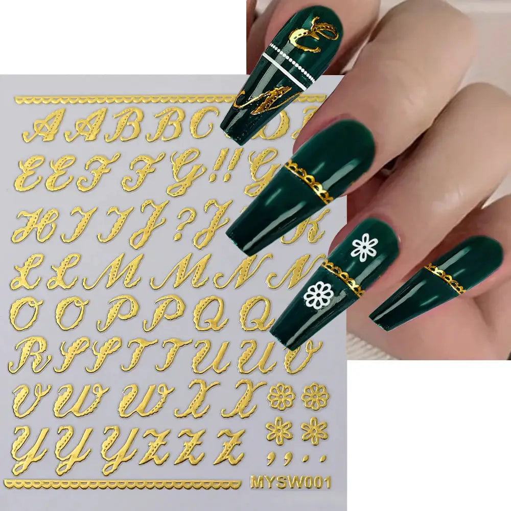 3D Roman letter nail stickers set in gold with self-adhesive alphabet decals for manicure