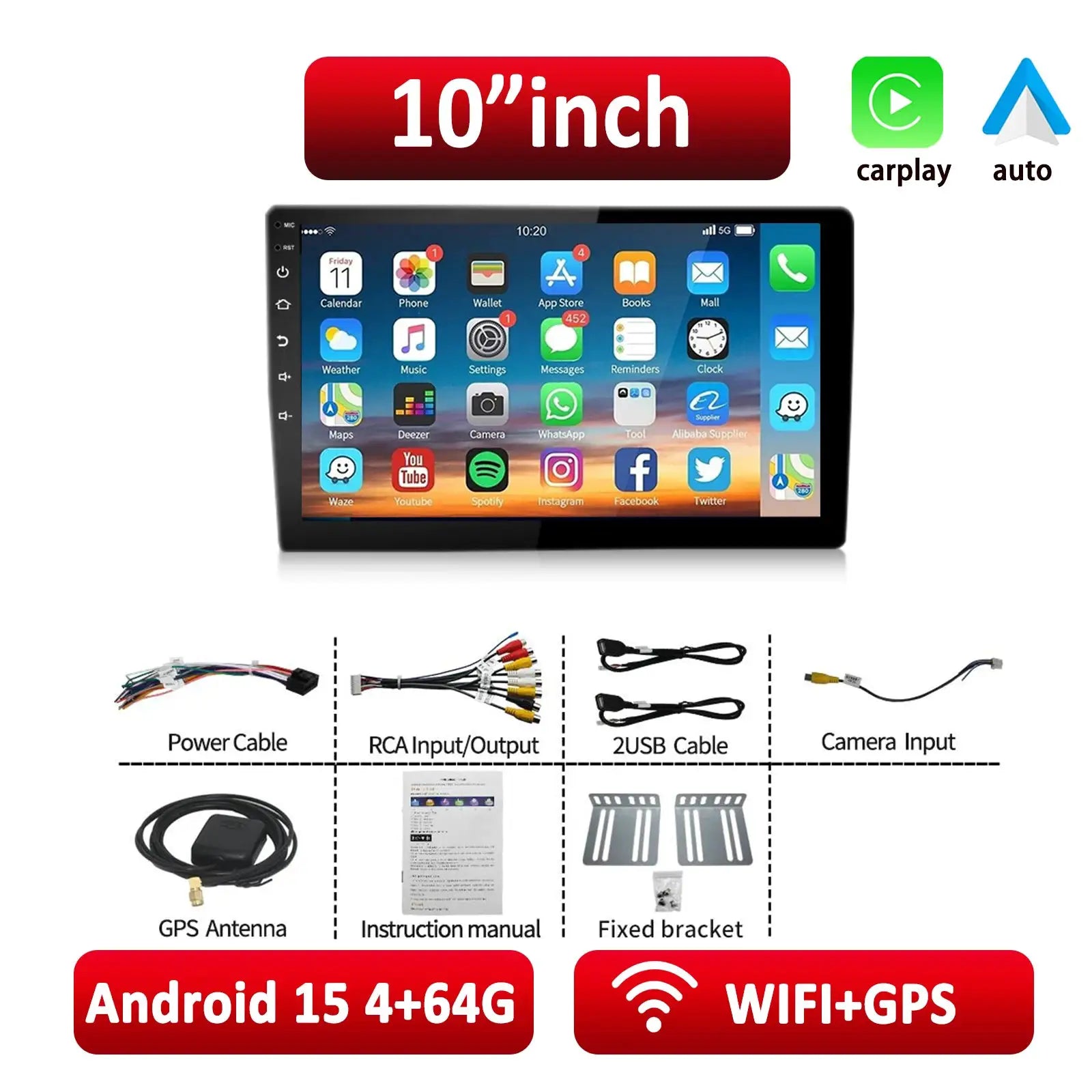 Car stereo ESSGOO Android 15 2DIN by Simples Market; 7/9/10 inch GPS Wi-Fi BT MP5 player with glass screen and cables